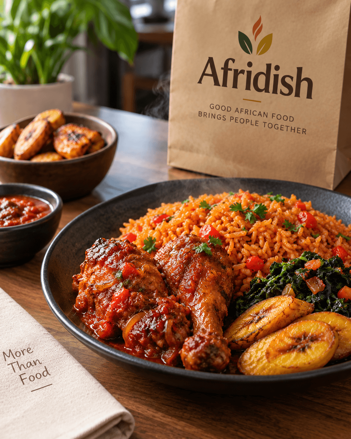 African meal with jollof rice, chicken, fried plantain and vegetables